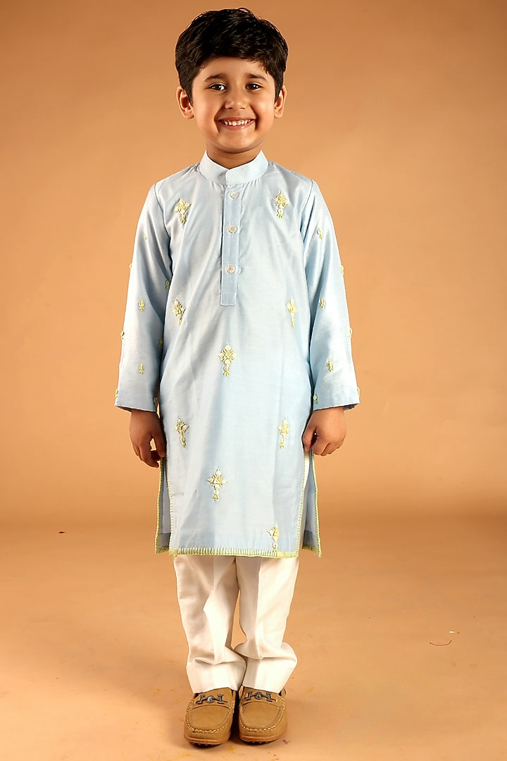 Light Blue Chanderi Hand Embroidered Kurta Set For Boys by Tilsim by Sagarika Mehrotra at Pernia's Pop Up Shop