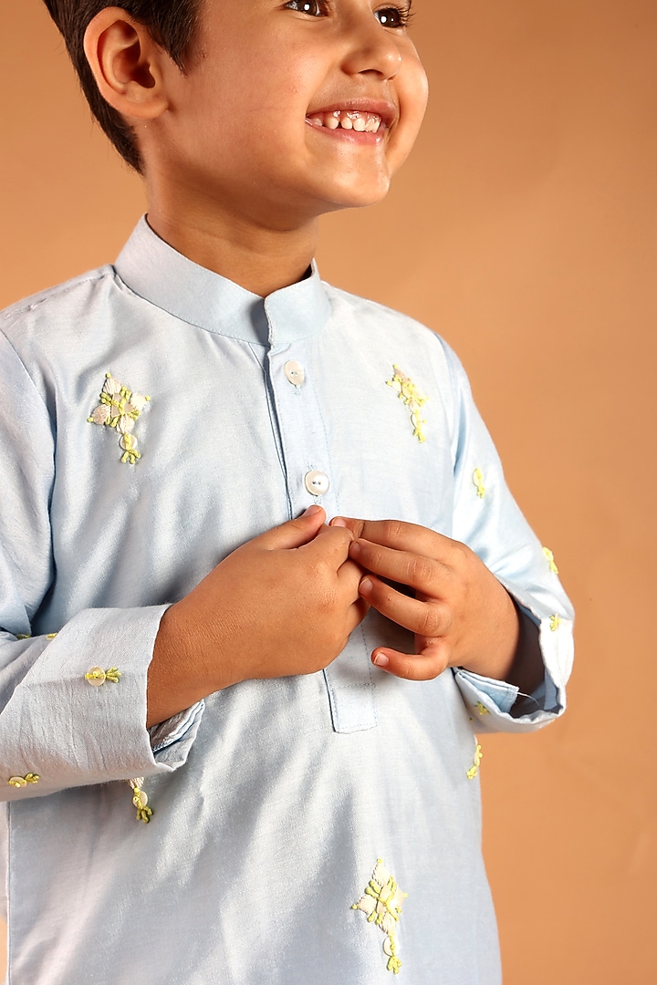Light Blue Chanderi Hand Embroidered Kurta Set For Boys by Tilsim by Sagarika Mehrotra at Pernia's Pop Up Shop