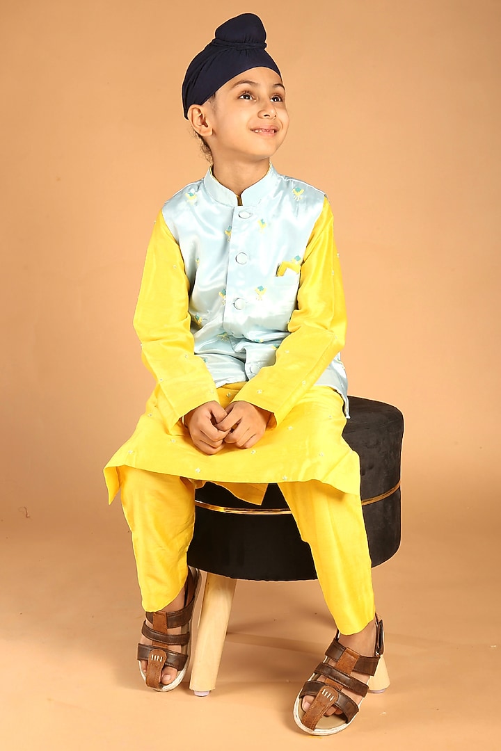 Light Blue Chanderi Hand Embroidered Nehru Jacket Set For Boys by Tilsim by Sagarika Mehrotra at Pernia's Pop Up Shop