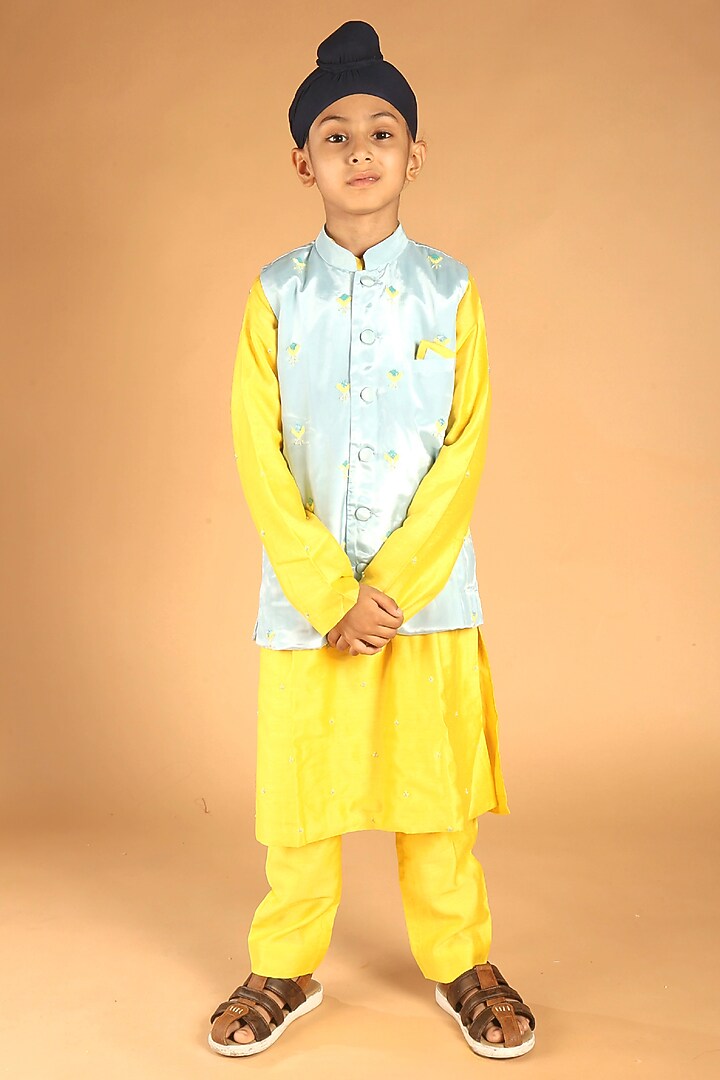 Light Blue Chanderi Hand Embroidered Nehru Jacket Set For Boys by Tilsim by Sagarika Mehrotra at Pernia's Pop Up Shop