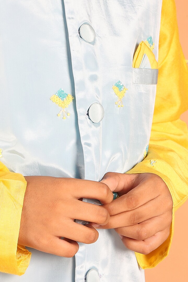 Light Blue Chanderi Hand Embroidered Nehru Jacket Set For Boys by Tilsim by Sagarika Mehrotra at Pernia's Pop Up Shop