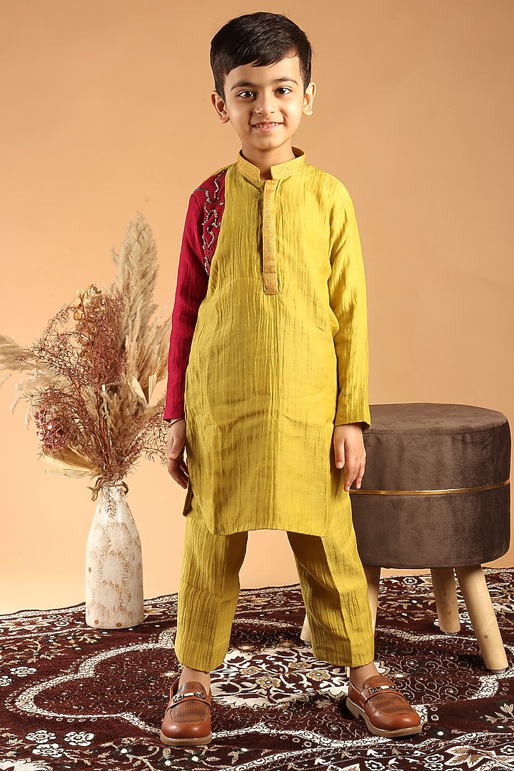 Mustard Mul Chanderi Embroidered Kurta Set For Boys by Tilsim by Sagarika Mehrotra at Pernia's Pop Up Shop