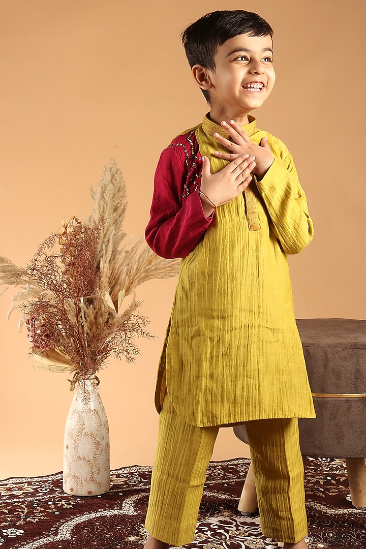 Mustard Mul Chanderi Embroidered Kurta Set For Boys by Tilsim by Sagarika Mehrotra at Pernia's Pop Up Shop