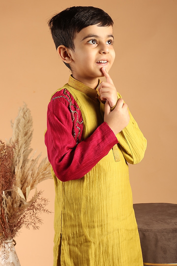 Mustard Mul Chanderi Embroidered Kurta Set For Boys by Tilsim by Sagarika Mehrotra at Pernia's Pop Up Shop