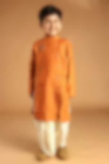 Orange Mul Chanderi Embroidered Kurta Set For Boys by Tilsim by Sagarika Mehrotra at Pernia's Pop Up Shop
