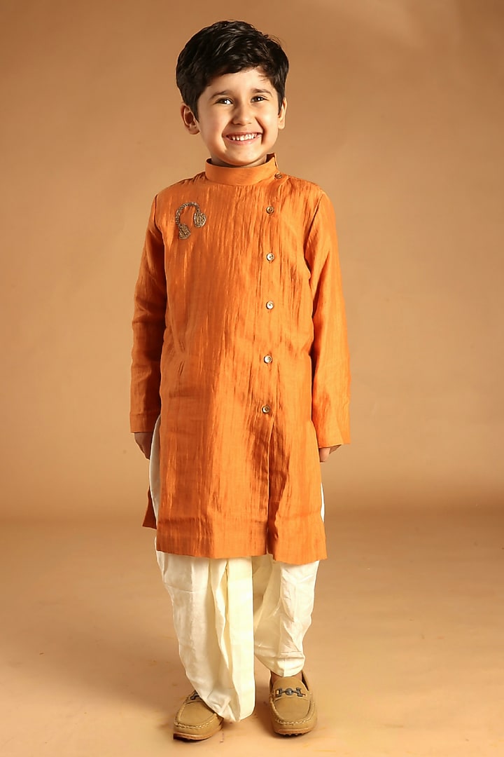 Orange Mul Chanderi Embroidered Kurta Set For Boys by Tilsim by Sagarika Mehrotra at Pernia's Pop Up Shop