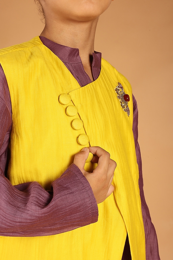 Yellow Mul Chanderi Embroidered Nehru Jacket Set For Boys by Tilsim by Sagarika Mehrotra at Pernia's Pop Up Shop