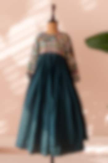 Teal Crepe Thread Work Gown For Girls by Tilsim by Sagarika Mehrotra at Pernia's Pop Up Shop