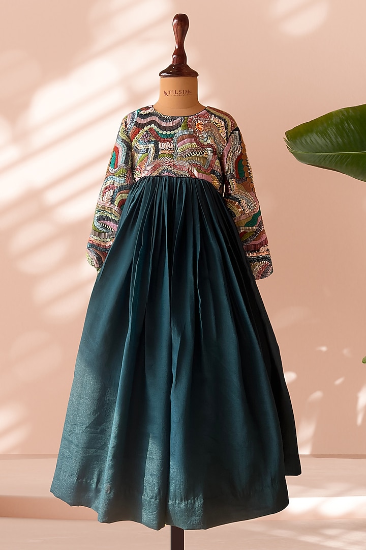 Teal Crepe Thread Work Gown For Girls by Tilsim by Sagarika Mehrotra at Pernia's Pop Up Shop