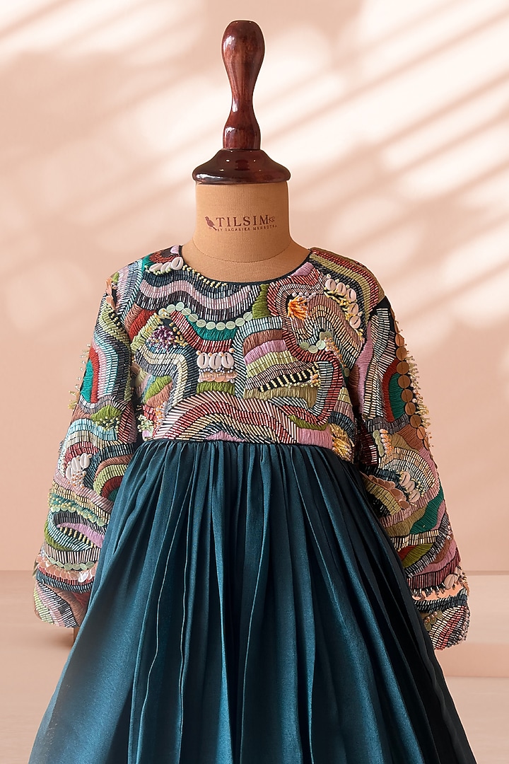 Teal Crepe Thread Work Gown For Girls by Tilsim by Sagarika Mehrotra at Pernia's Pop Up Shop