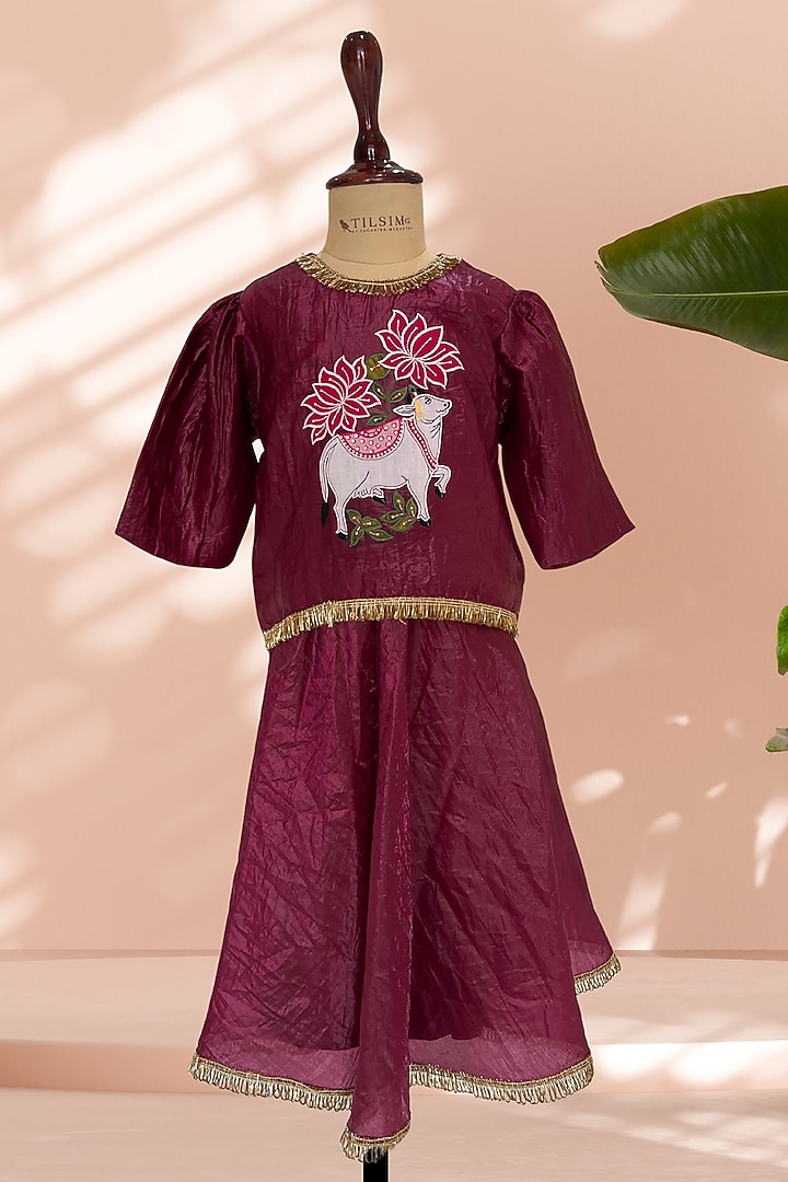 Deep Maroon Tissue Embroidered Skirt Set For Girls by Tilsim by Sagarika Mehrotra at Pernia's Pop Up Shop