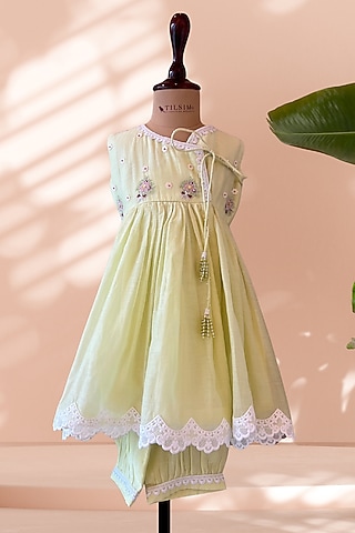 Light Yellow Mul Cotton Floral Embroidered Co-Ord Set For Girls by Tilsim by Sagarika Mehrotra