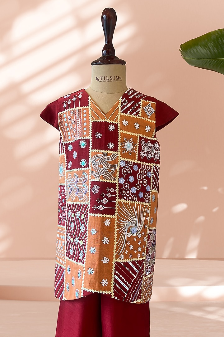 Red Mul Cotton Patchwork Co-Ord Set For Girls by Tilsim by Sagarika Mehrotra at Pernia's Pop Up Shop