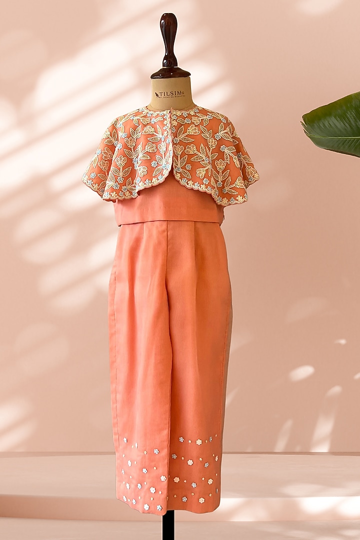 Peach Chiffon Floral Embroidered Cape Set For Girls by Tilsim by Sagarika Mehrotra at Pernia's Pop Up Shop