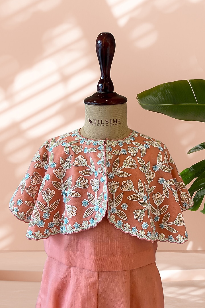 Peach Chiffon Floral Embroidered Cape Set For Girls by Tilsim by Sagarika Mehrotra at Pernia's Pop Up Shop