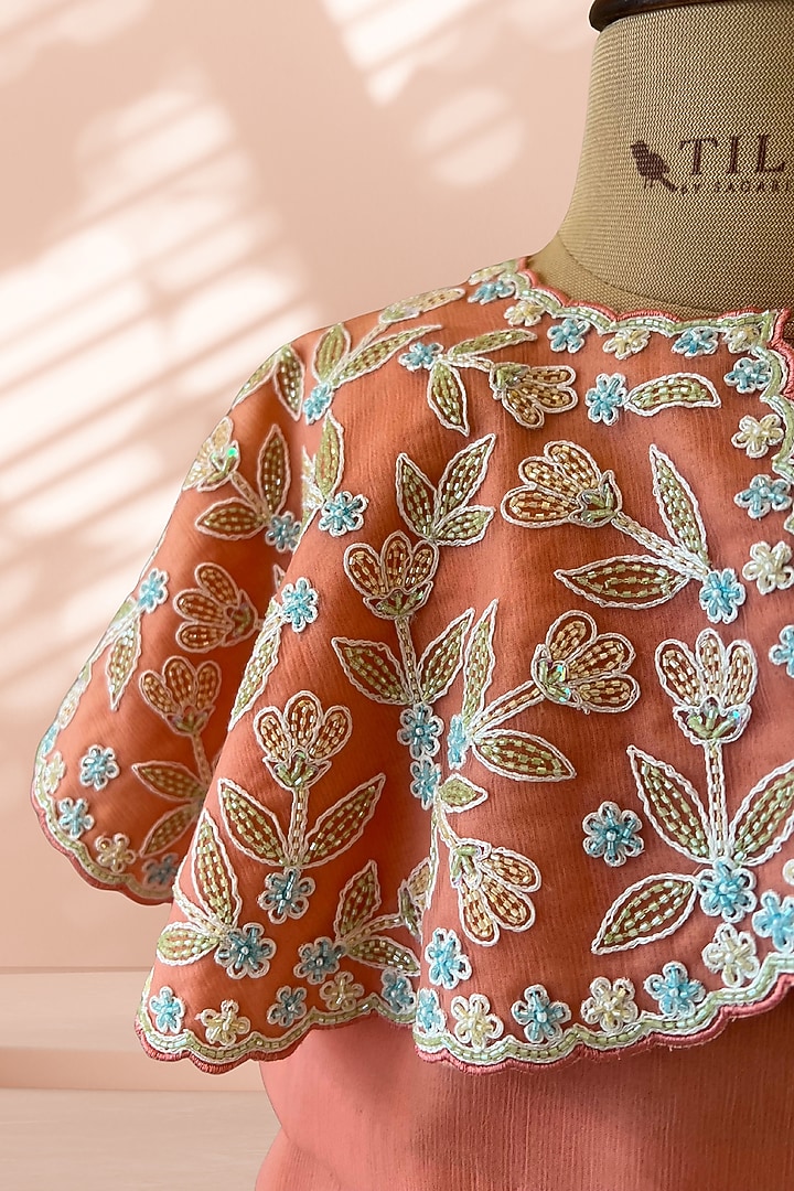Peach Chiffon Floral Embroidered Cape Set For Girls by Tilsim by Sagarika Mehrotra at Pernia's Pop Up Shop