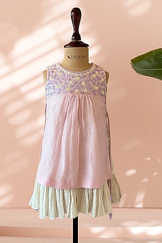 Pink Mul Cotton Floral Embroidered Layered Dress For Girls by Tilsim by Sagarika Mehrotra