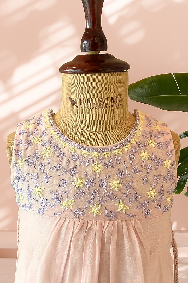 Pink Mul Cotton Floral Embroidered Layered Dress For Girls by Tilsim by Sagarika Mehrotra at Pernia's Pop Up Shop