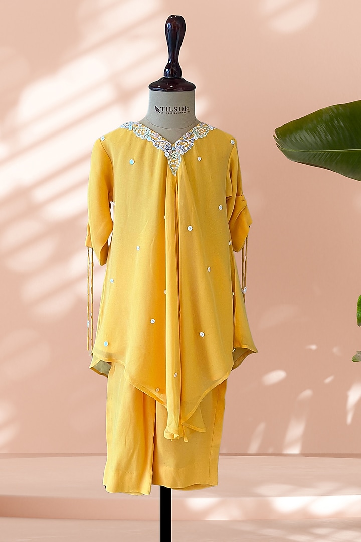 Bright Yellow Georgette Hand Embroidered Co-Ord Set For Girls by Tilsim by Sagarika Mehrotra at Pernia's Pop Up Shop