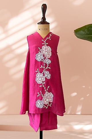 Magenta Mul Cotton Floral Embroidered Co-Ord Set For Girls by Tilsim by Sagarika Mehrotra