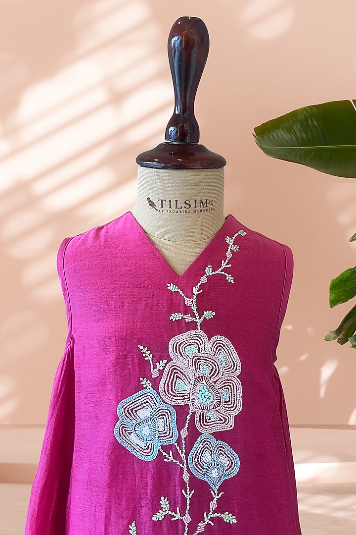 Magenta Mul Cotton Floral Embroidered Co-Ord Set For Girls by Tilsim by Sagarika Mehrotra at Pernia's Pop Up Shop