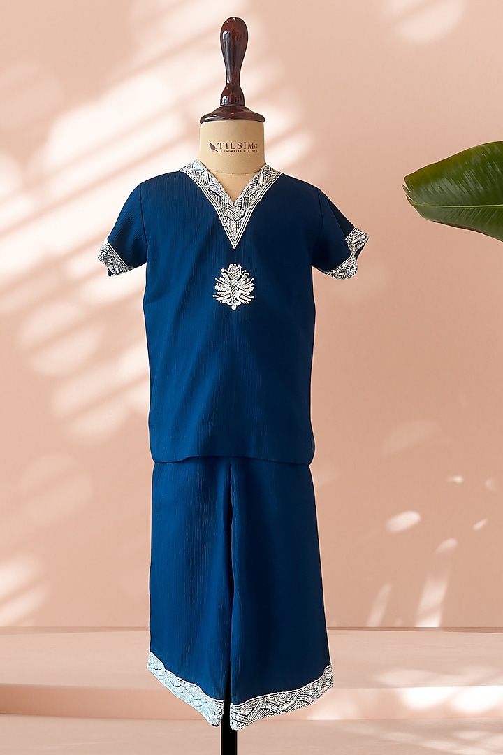 Teal Blue Chiffon Handwork Co-Ord Set For Girls by Tilsim by Sagarika Mehrotra at Pernia's Pop Up Shop