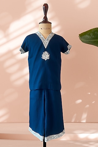 Teal Blue Chiffon Handwork Co-Ord Set For Girls by Tilsim by Sagarika Mehrotra