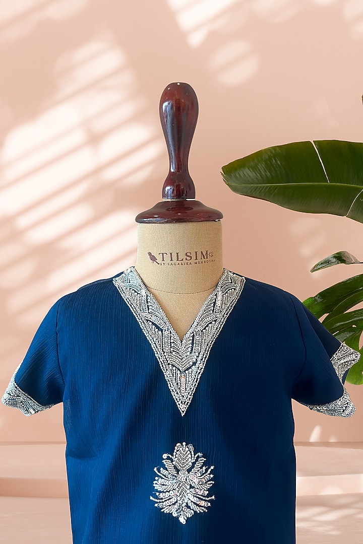 Teal Blue Chiffon Handwork Co-Ord Set For Girls by Tilsim by Sagarika Mehrotra at Pernia's Pop Up Shop