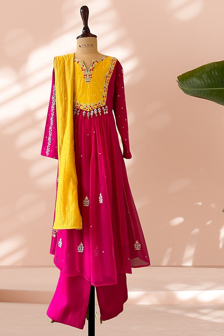 Fuchsia Pink Mul Cotton Hand Embroidered Anarkali Set For Girls by Tilsim by Sagarika Mehrotra at Pernia's Pop Up Shop