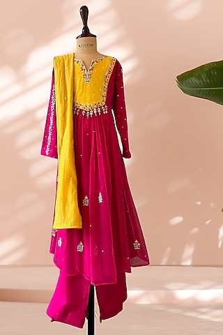 Fuchsia Pink Mul Cotton Hand Embroidered Anarkali Set For Girls by Tilsim by Sagarika Mehrotra