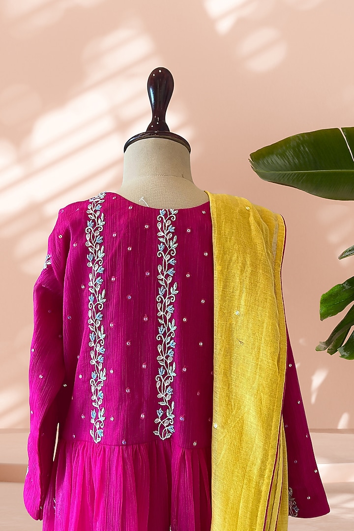 Fuchsia Pink Mul Cotton Hand Embroidered Anarkali Set For Girls by Tilsim by Sagarika Mehrotra at Pernia's Pop Up Shop
