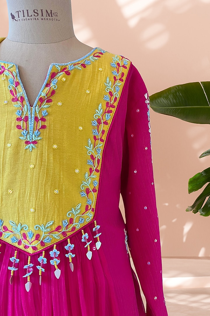 Fuchsia Pink Mul Cotton Hand Embroidered Anarkali Set For Girls by Tilsim by Sagarika Mehrotra at Pernia's Pop Up Shop