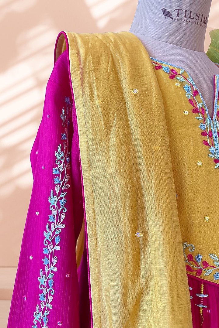 Fuchsia Pink Mul Cotton Hand Embroidered Anarkali Set For Girls by Tilsim by Sagarika Mehrotra at Pernia's Pop Up Shop