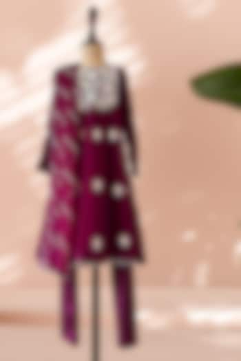 Wine Chiffon Floral Embroidered Anarkali Set For Girls by Tilsim by Sagarika Mehrotra at Pernia's Pop Up Shop
