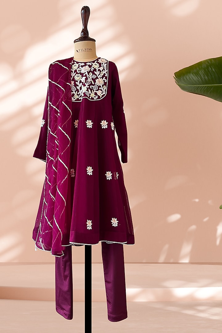 Wine Chiffon Floral Embroidered Anarkali Set For Girls by Tilsim by Sagarika Mehrotra at Pernia's Pop Up Shop