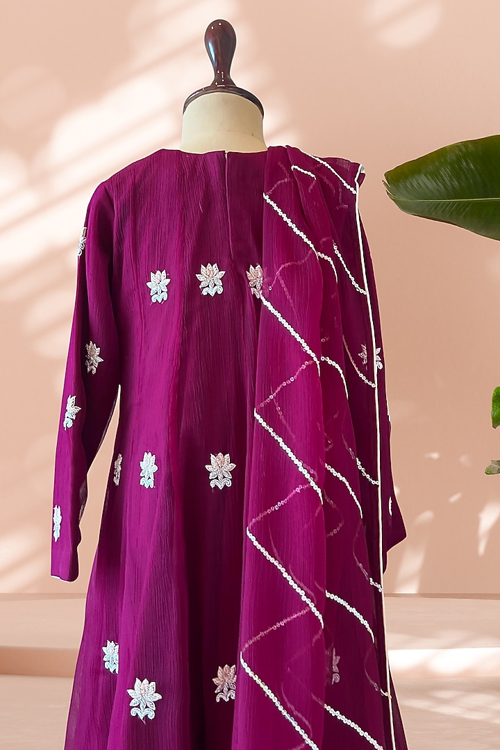 Wine Chiffon Floral Embroidered Anarkali Set For Girls by Tilsim by Sagarika Mehrotra at Pernia's Pop Up Shop