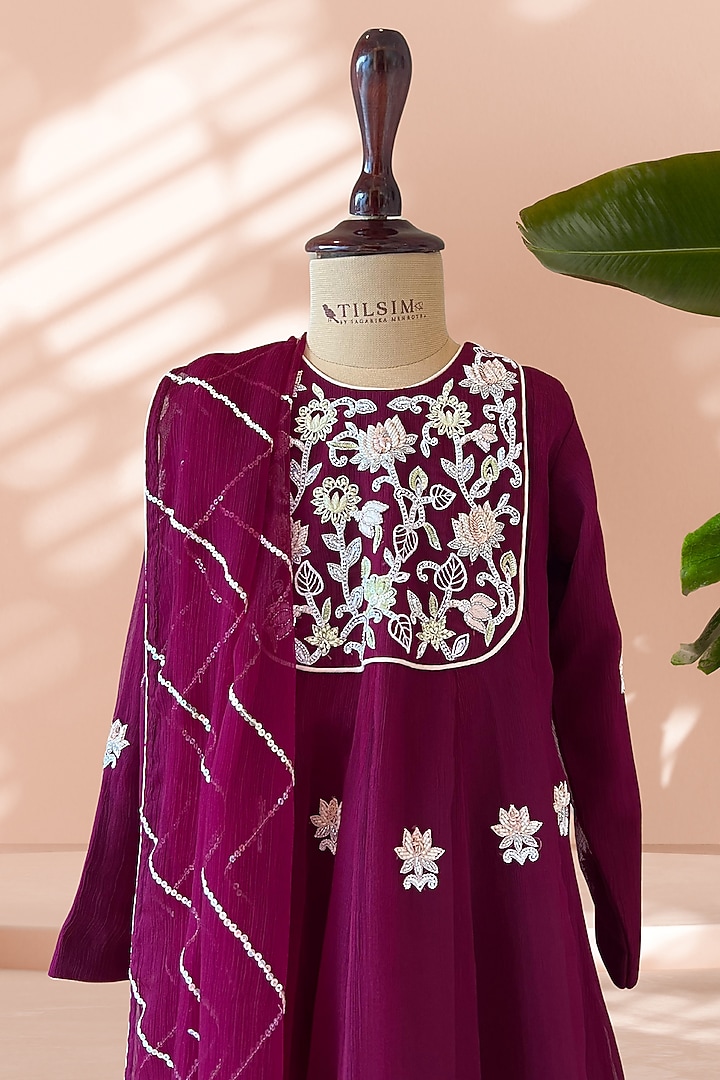 Wine Chiffon Floral Embroidered Anarkali Set For Girls by Tilsim by Sagarika Mehrotra at Pernia's Pop Up Shop