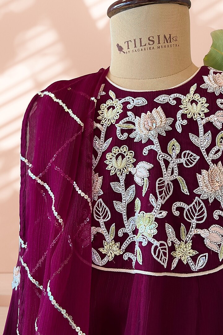 Wine Chiffon Floral Embroidered Anarkali Set For Girls by Tilsim by Sagarika Mehrotra at Pernia's Pop Up Shop