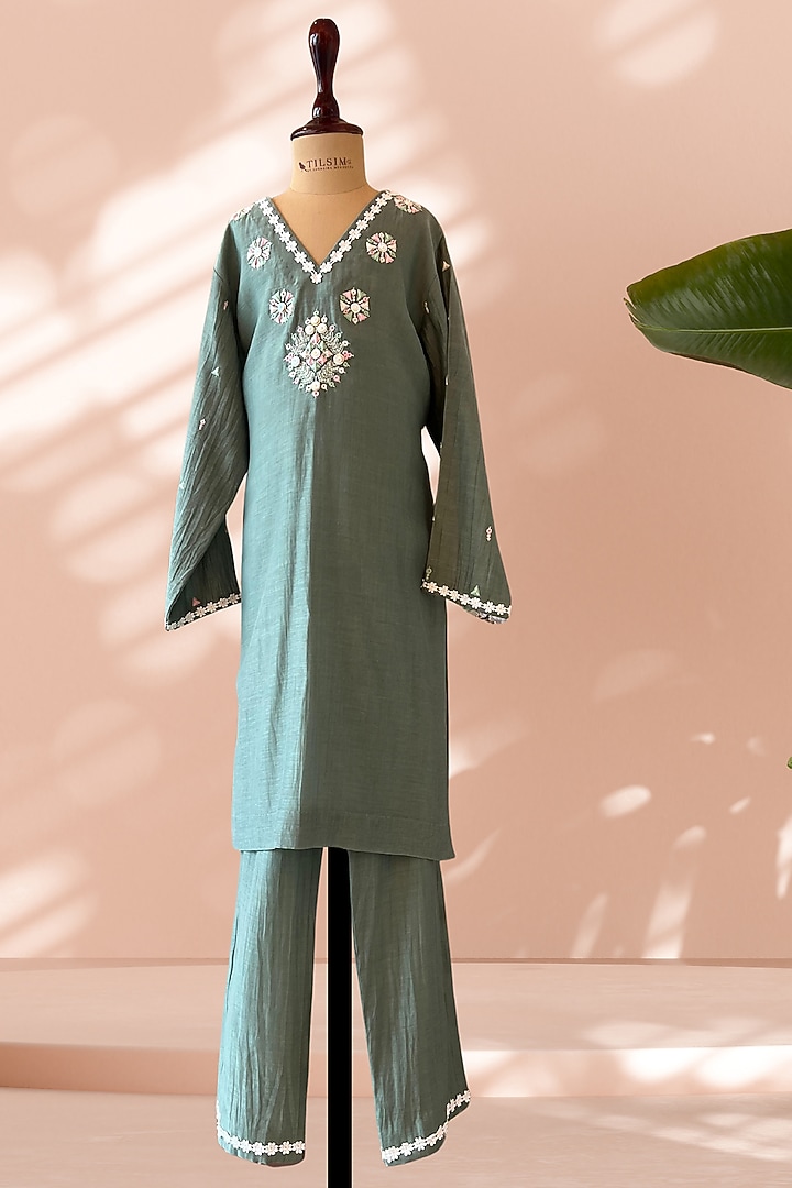 Sage Green Mul Cotton Hand Embroidered Co-Ord Set For Girls by Tilsim by Sagarika Mehrotra at Pernia's Pop Up Shop