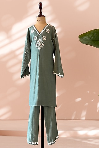 Sage Green Mul Cotton Hand Embroidered Co-Ord Set For Girls by Tilsim by Sagarika Mehrotra