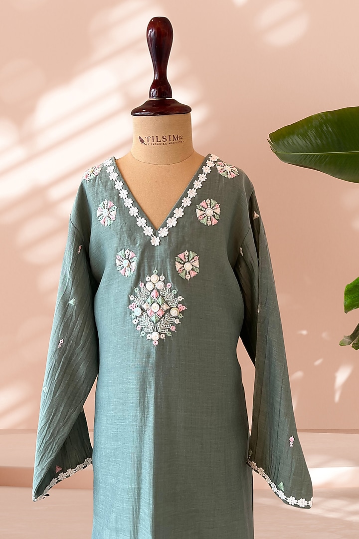 Sage Green Mul Cotton Hand Embroidered Co-Ord Set For Girls by Tilsim by Sagarika Mehrotra at Pernia's Pop Up Shop