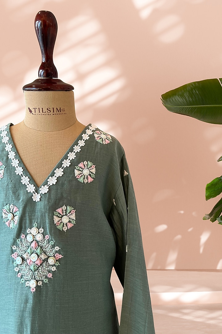 Sage Green Mul Cotton Hand Embroidered Co-Ord Set For Girls by Tilsim by Sagarika Mehrotra at Pernia's Pop Up Shop