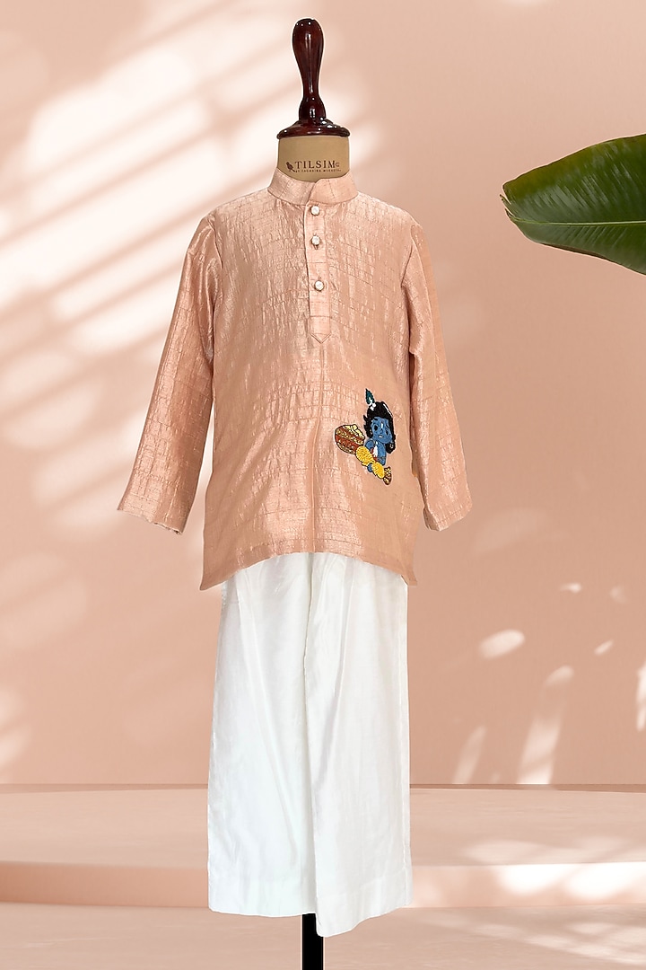 Peach Silk Beads Embroidered Kurta Set For Boys by Tilsim by Sagarika Mehrotra at Pernia's Pop Up Shop