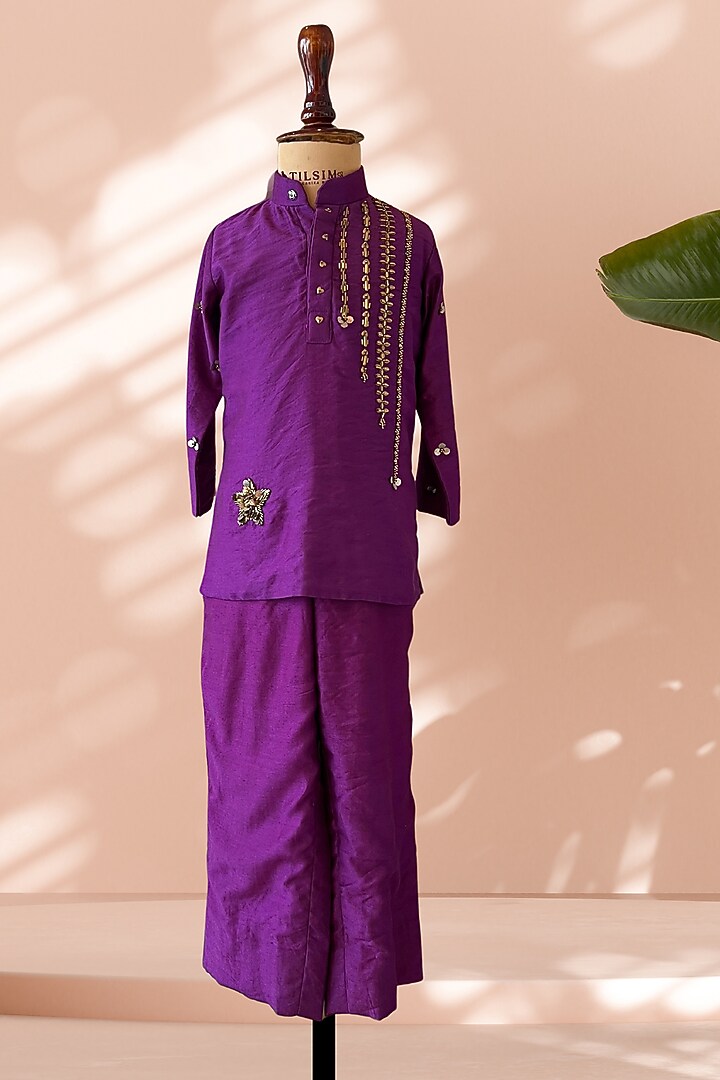 Purple Chanderi Hand Embroidered Kurta Set For Boys by Tilsim by Sagarika Mehrotra at Pernia's Pop Up Shop