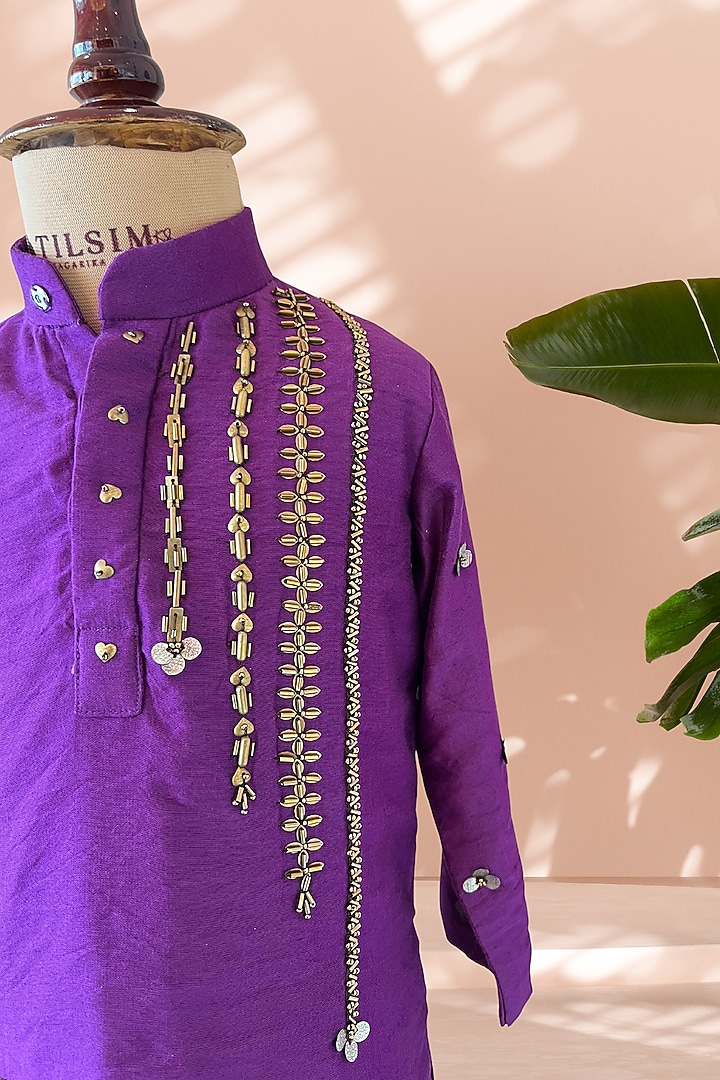 Purple Chanderi Hand Embroidered Kurta Set For Boys by Tilsim by Sagarika Mehrotra at Pernia's Pop Up Shop