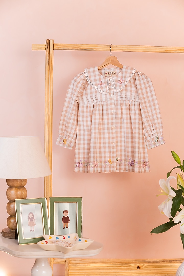 Beige & White Cotton Linen Embroidered Gingham Shirt For Girls by Tilsim by Sagarika Mehrotra at Pernia's Pop Up Shop