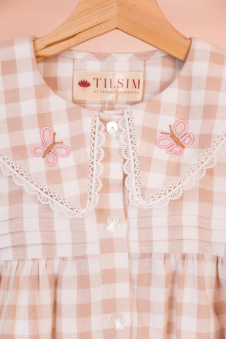 Beige & White Cotton Linen Embroidered Gingham Shirt For Girls by Tilsim by Sagarika Mehrotra at Pernia's Pop Up Shop