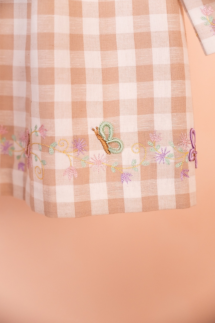 Beige & White Cotton Linen Embroidered Gingham Shirt For Girls by Tilsim by Sagarika Mehrotra at Pernia's Pop Up Shop