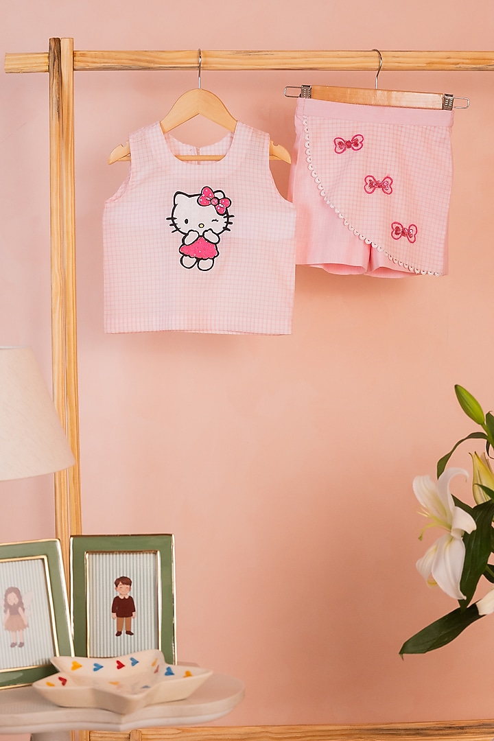 Pink Cotton Linen Checkered Printed & Embroidered Co-Ord Set by Tilsim by Sagarika Mehrotra at Pernia's Pop Up Shop