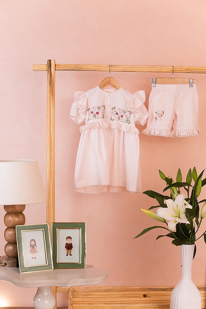 Beige Cotton Linen Printed & Floral Embroidered Co-Ord Set For Girls by Tilsim by Sagarika Mehrotra at Pernia's Pop Up Shop